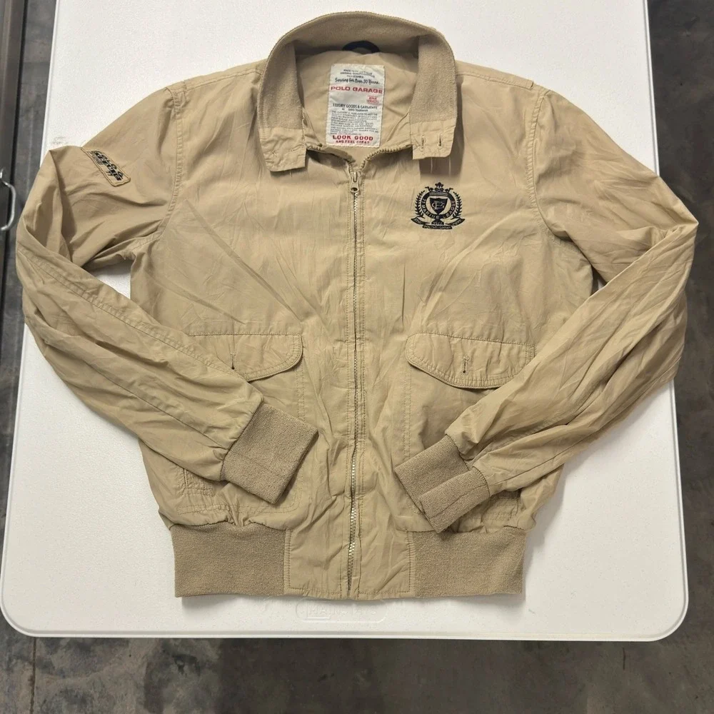 Polo Garage Bomber Jacket Mens M Tan Excellent Harrington Marine League Crest